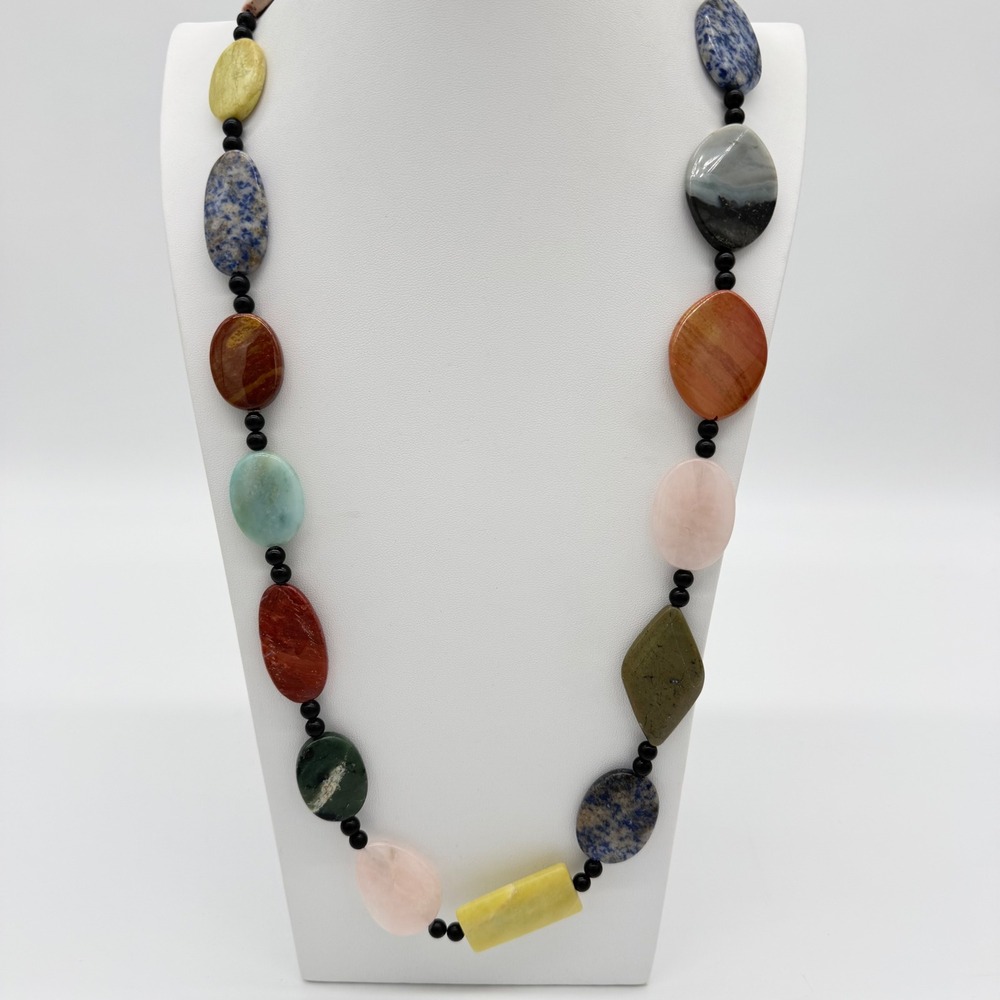 Heavy Natural Stone Beaded Necklace Multi Color Gemstone Statement Boho